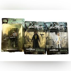 THE MATRIX N2 TOYS  3~FIGURE MORPHEUS,  SWITCH , TANK 1999 NEW Collectable